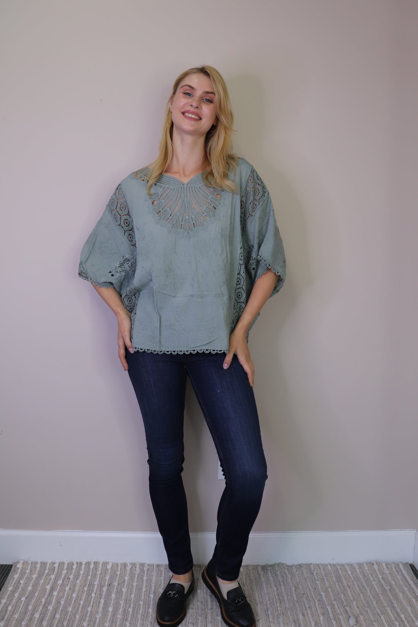 PT16114 SAGE Embroidered Batwing Sleeve Blouse w Crochet Dtls