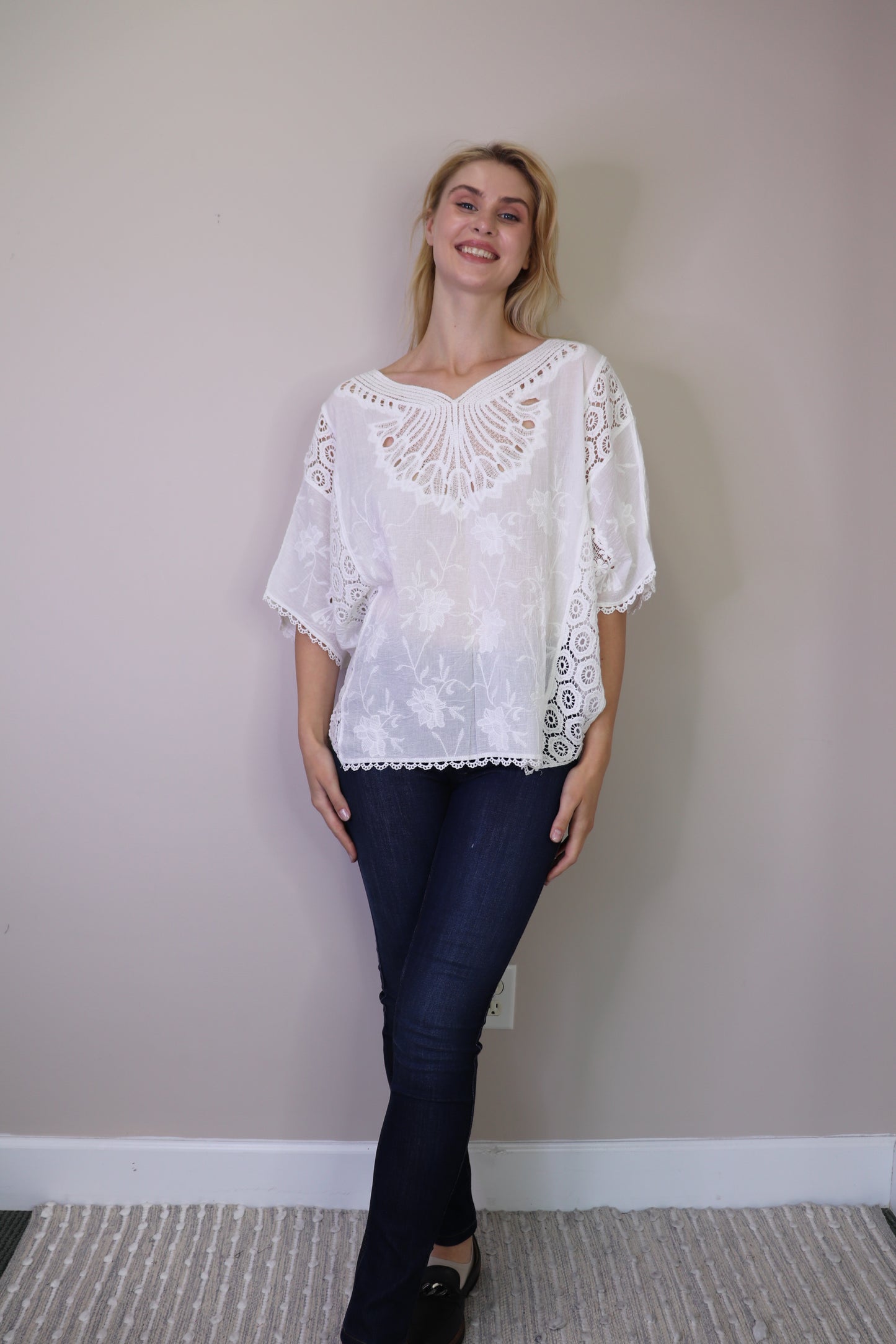 PT16114 WHITE Embroidered Batwing Sleeve Blouse w Crochet Dtls