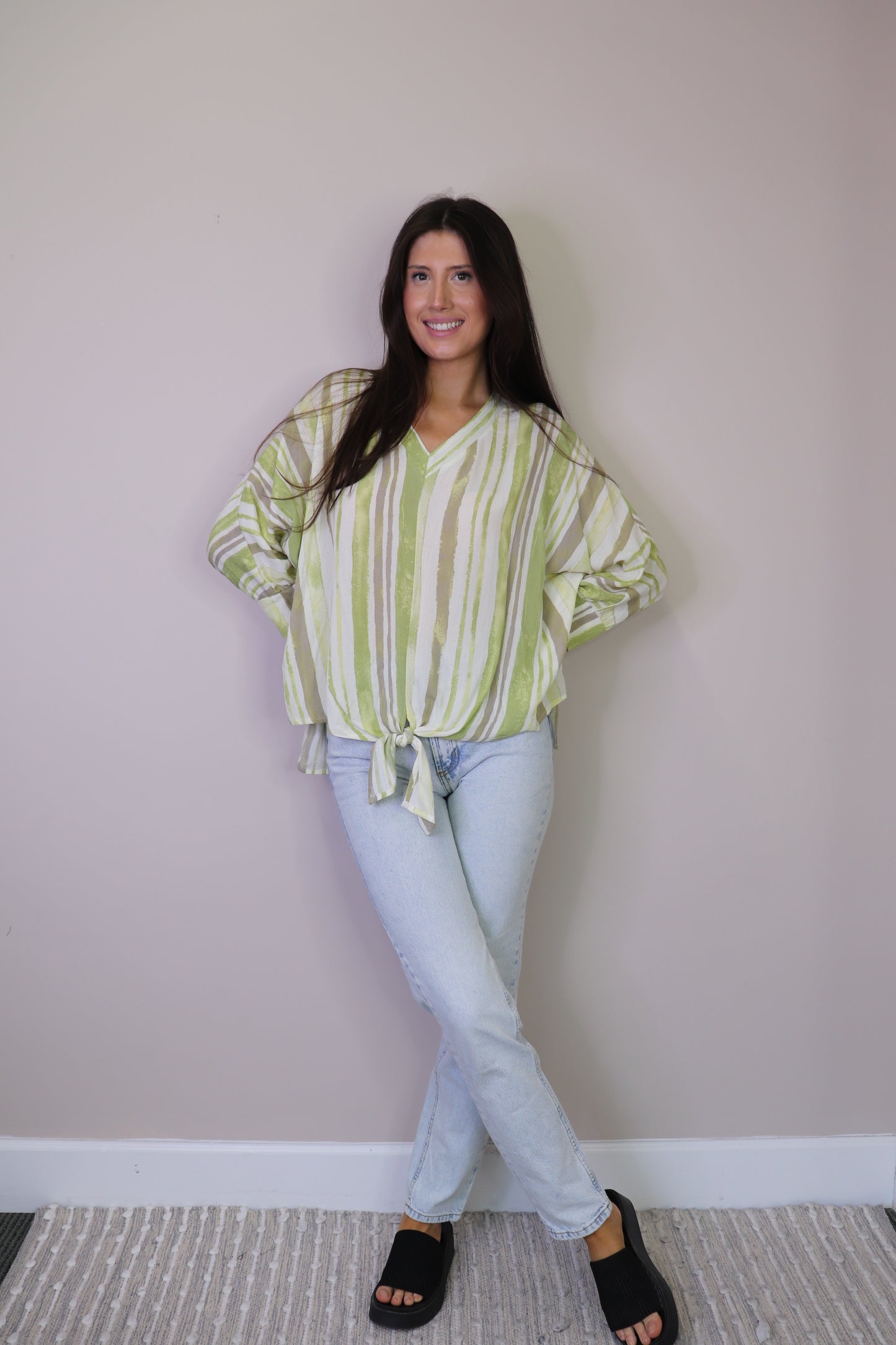 PT16119 LIME Striped Crinkled Tie Top