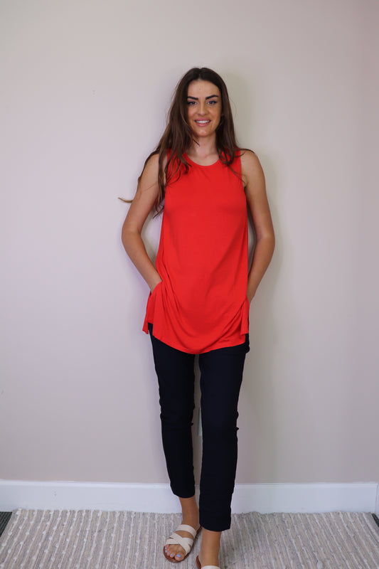 PT16128 RED Bamboo Knit Classic Flowy Tank Top with Side Slit