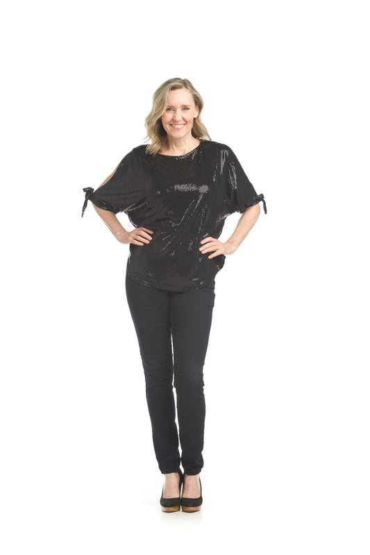 PT17002 BLACK Sequin Split Sleeve Top  with Tie