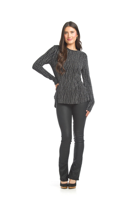 PT17003 BLACK Lurex Knit Peplum Style High Low Top