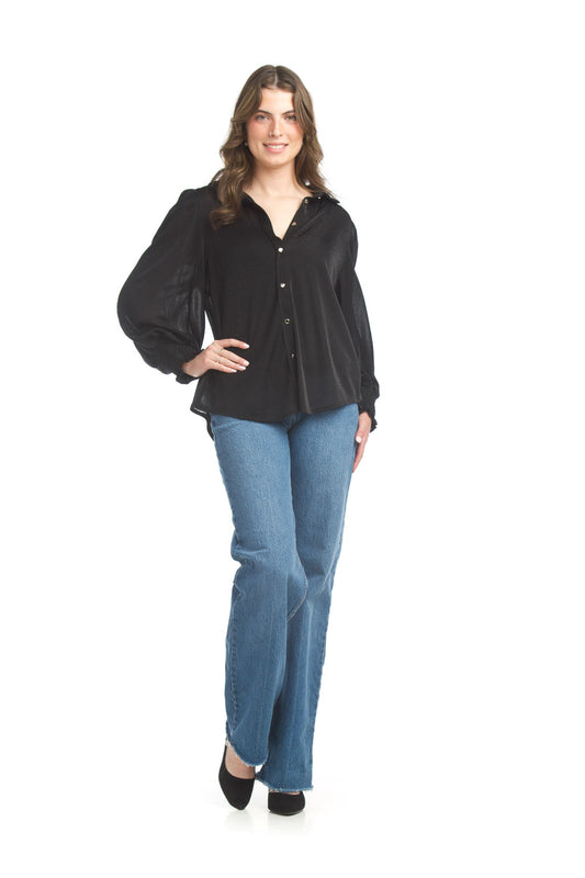 PT17004 BLACK Lurex Knit Long Sleeve Shirt with Smocking Cuff