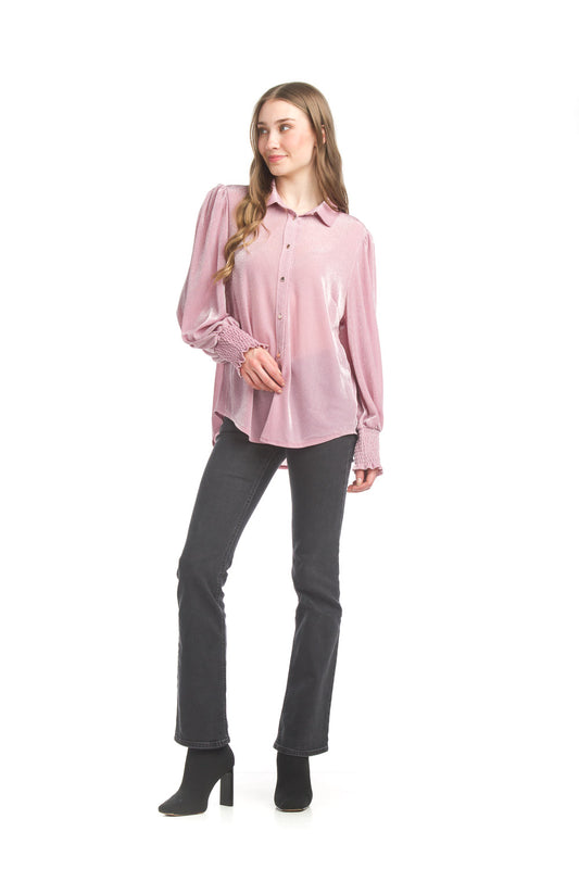 PT17004 PINK Lurex Knit Long Sleeve Shirt with Smocking Cuff