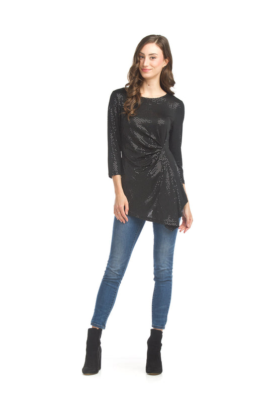 PT17009 BLACK Dot Sequin Ruched Assymjetric Blouse