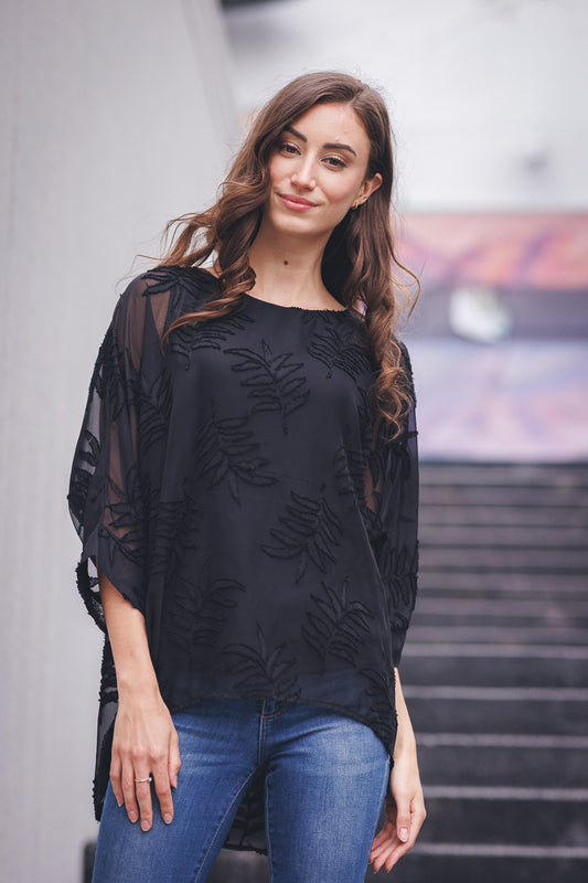 PT17016 BLACK Burnout Leaves Print Georgette Oversize Blouse