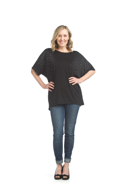 PT17017 BLACK Jersey Knit Blouse with Sequins Details