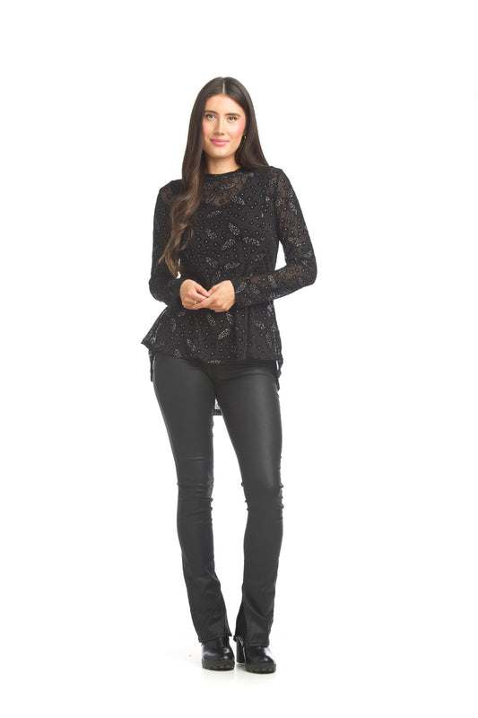 PT17024 BLACK Floral Rhinstone Burnout Peplum Style Blouse