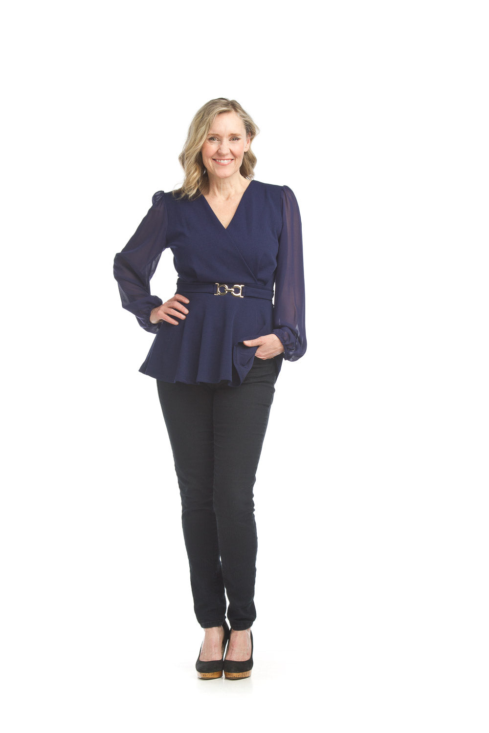 PT17040 NAVY Wrap Look Top with Buckle Detail