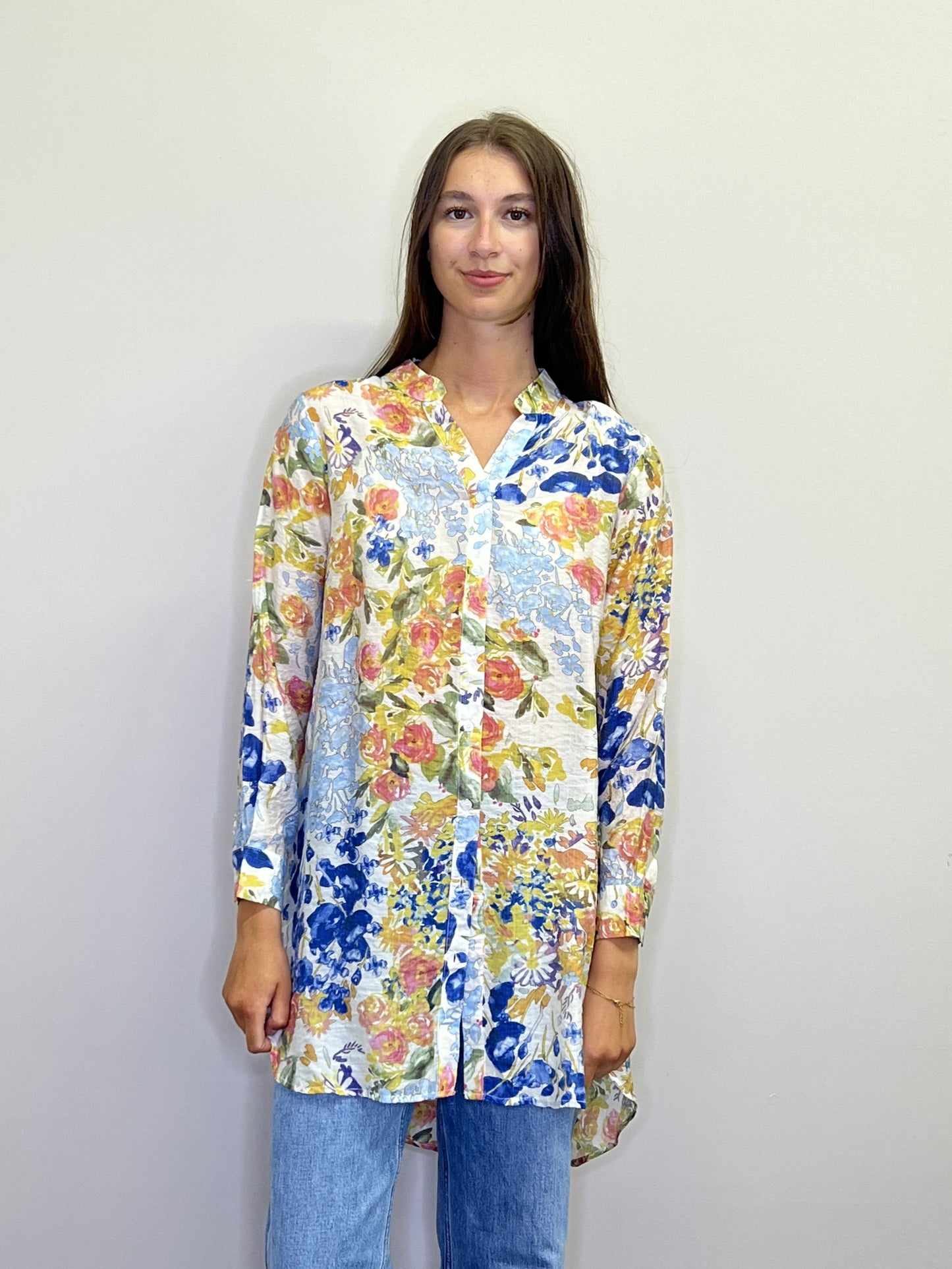 PT18003 BLUE Floral button front tunic with tab sleeves