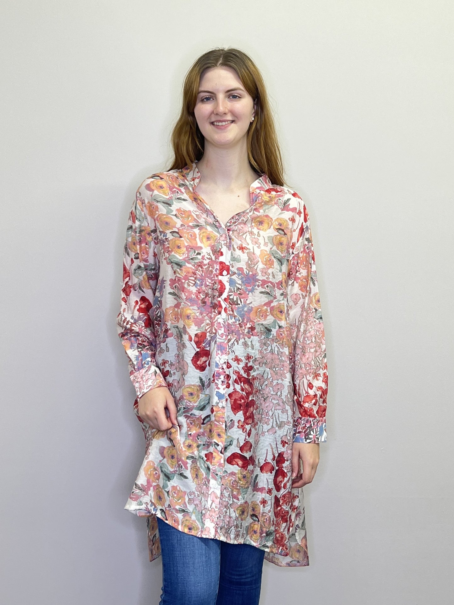 PT18003 PINK Floral button front tunic with tab sleeves