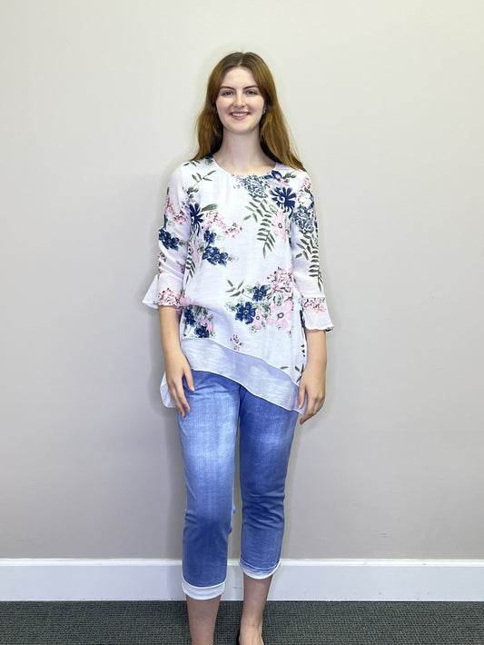 PT18006 WHTPK Floral crinkled layered blouse