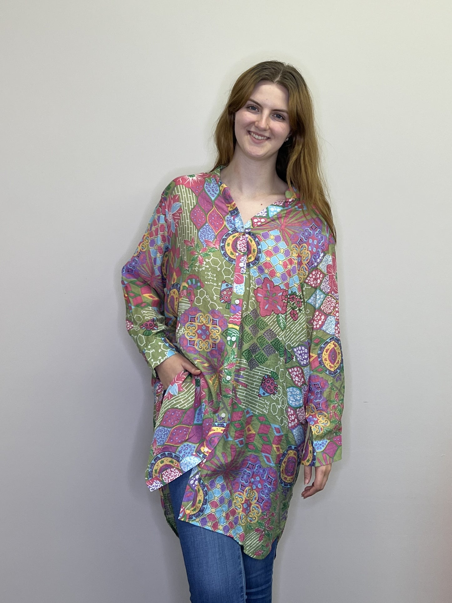 PT18011 GREEN Abstract Button Front Tunic with Tab Sleeves