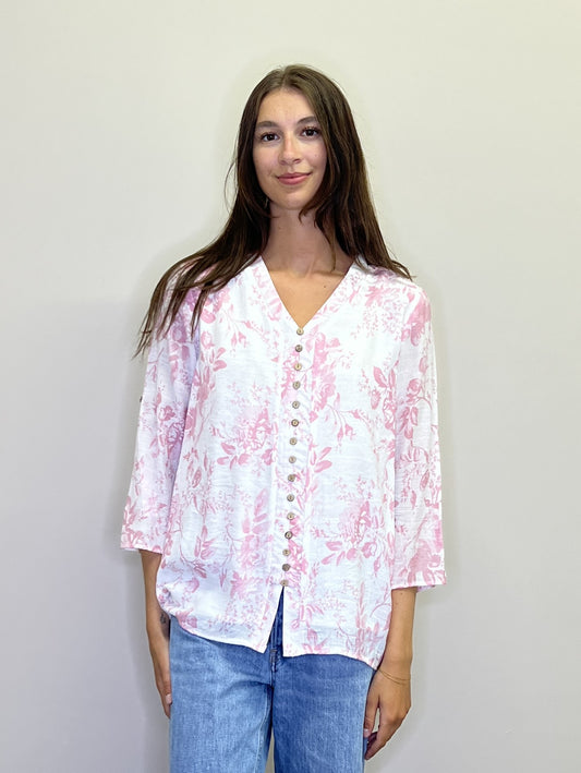 PT18013 PINK Floral Crinkle Layered Button Front Blouse