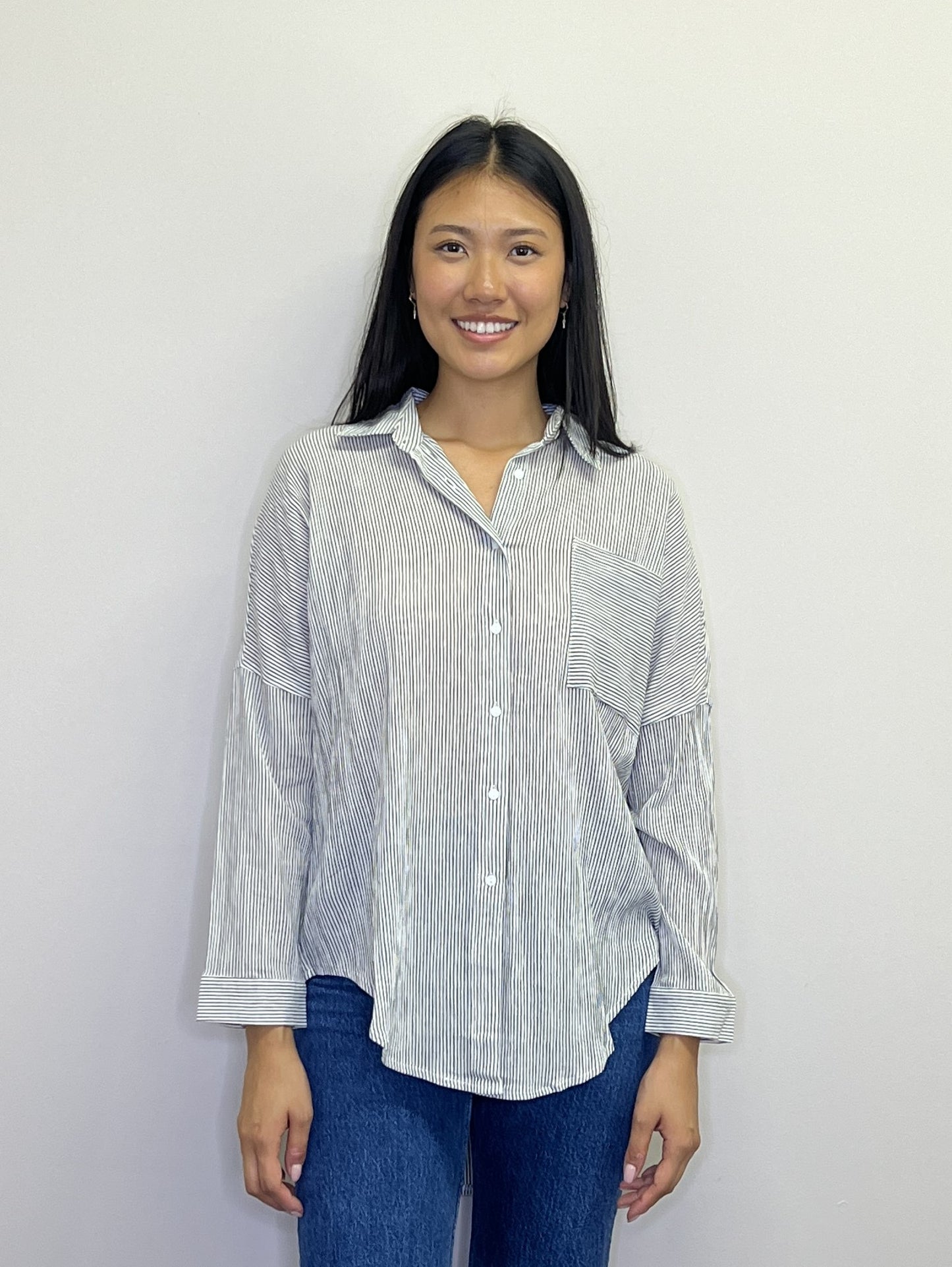 PT18014 GREY Cotton Seersucker Oversized Collared Blouse