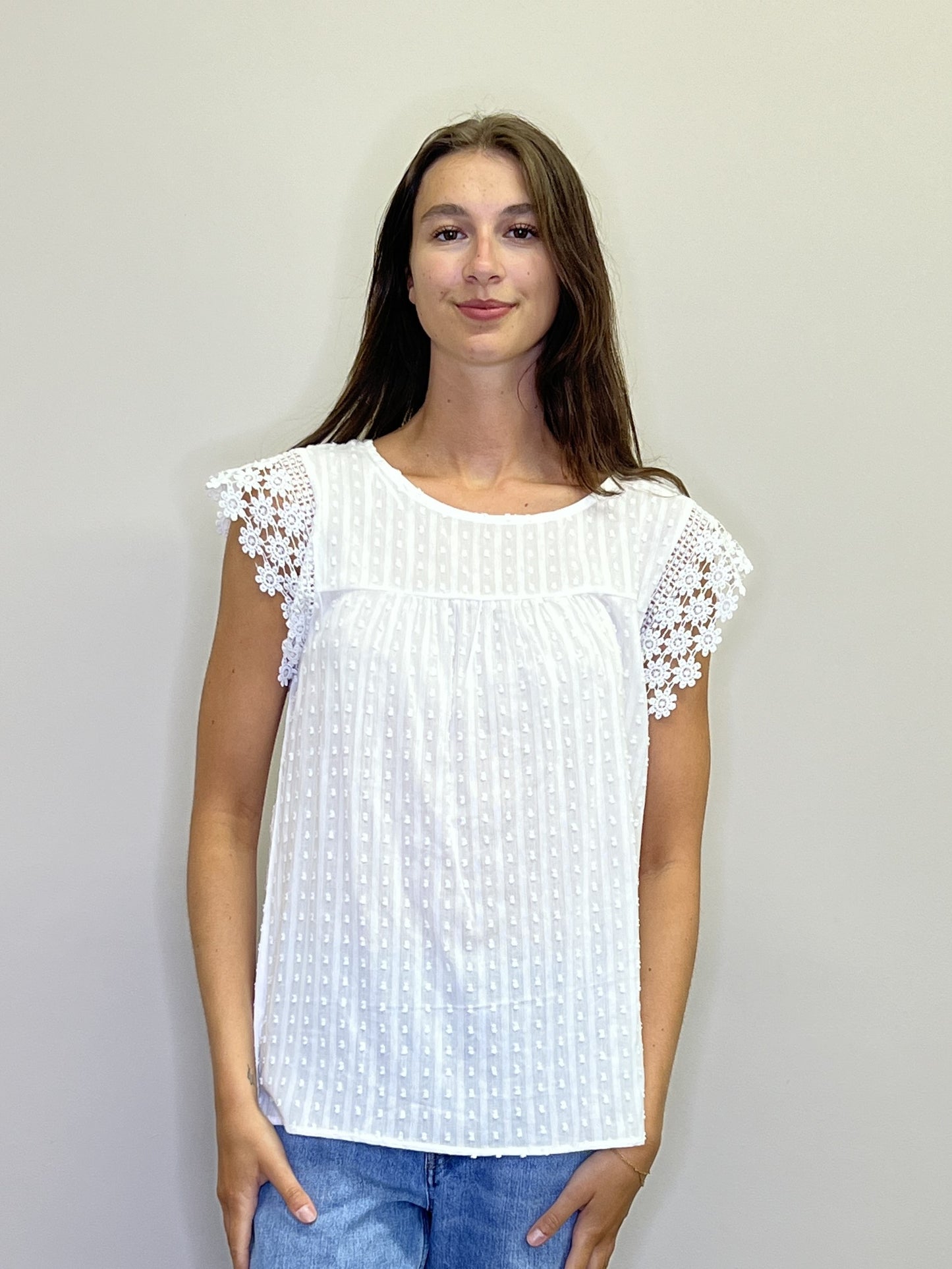 PT18016 WHITE Swiss dot top with crochet cap sleeve