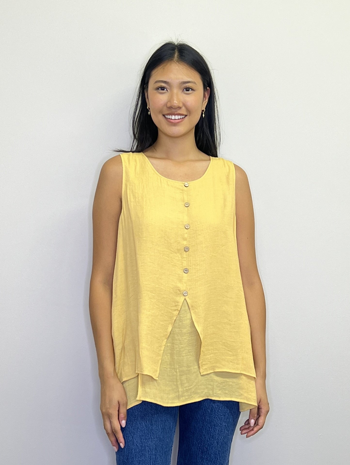 PT18019 YELLO Crinkle layered tunic with button details