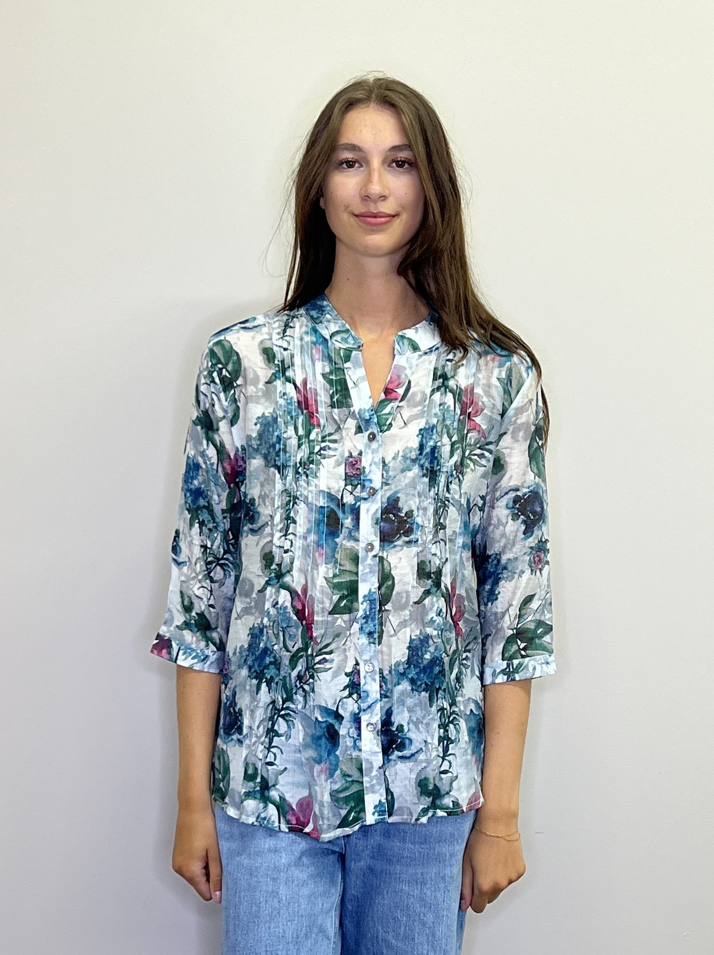 PT18021 BLUE Floral button front blouse w pintucks