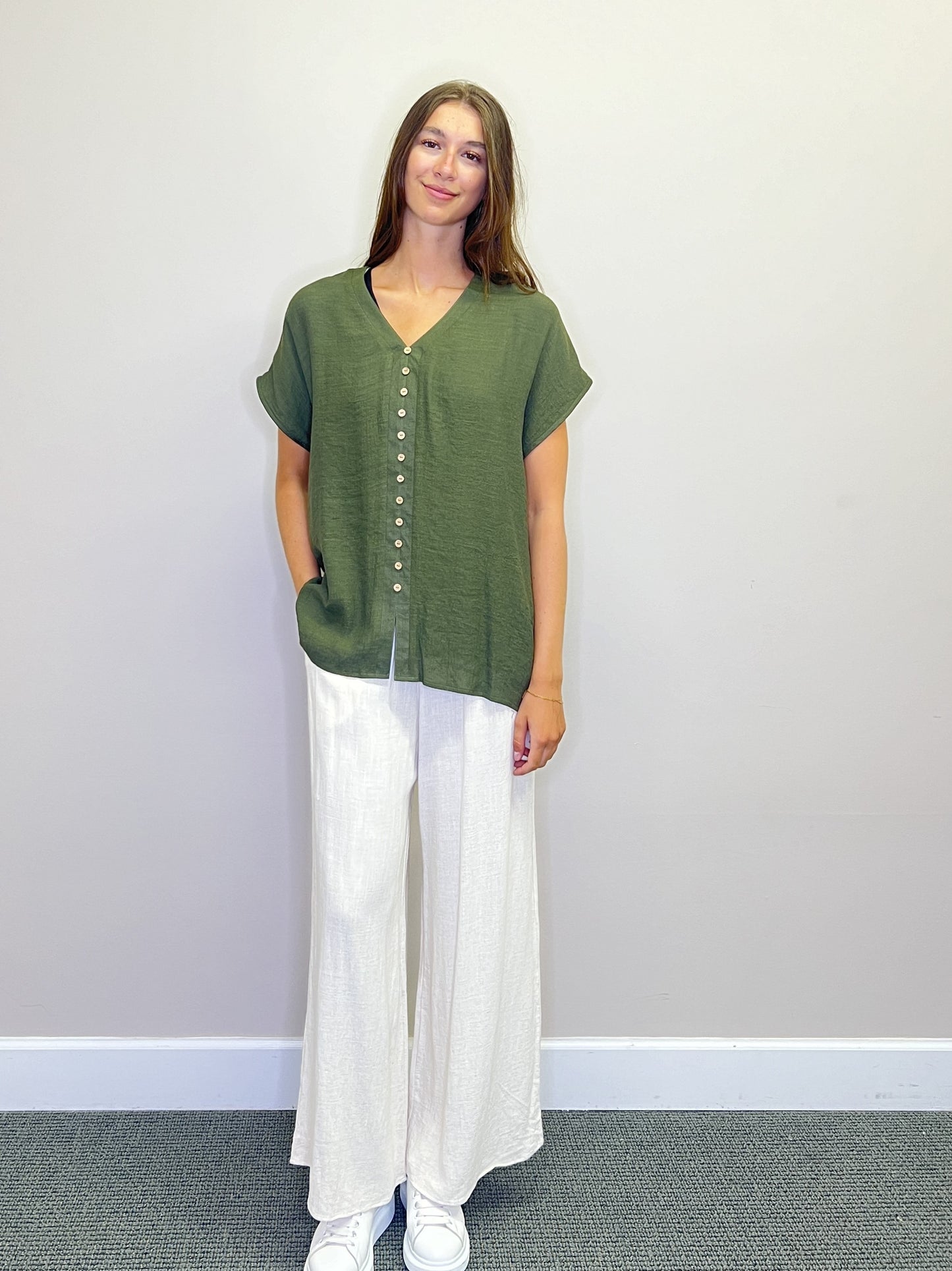 PT18032 OLIVE Crinkle button front extended sleeve top