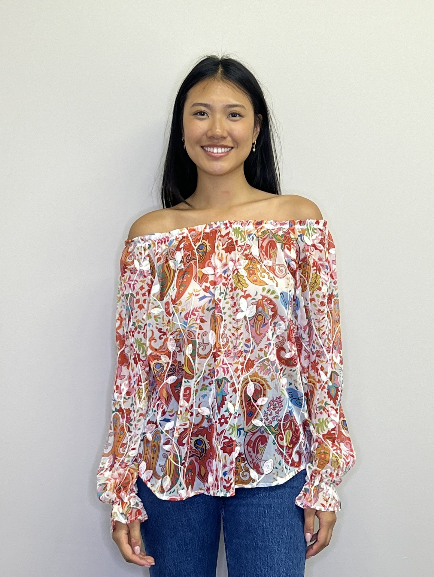 PT18035 RED Floral Emb paisley off the shoulder top