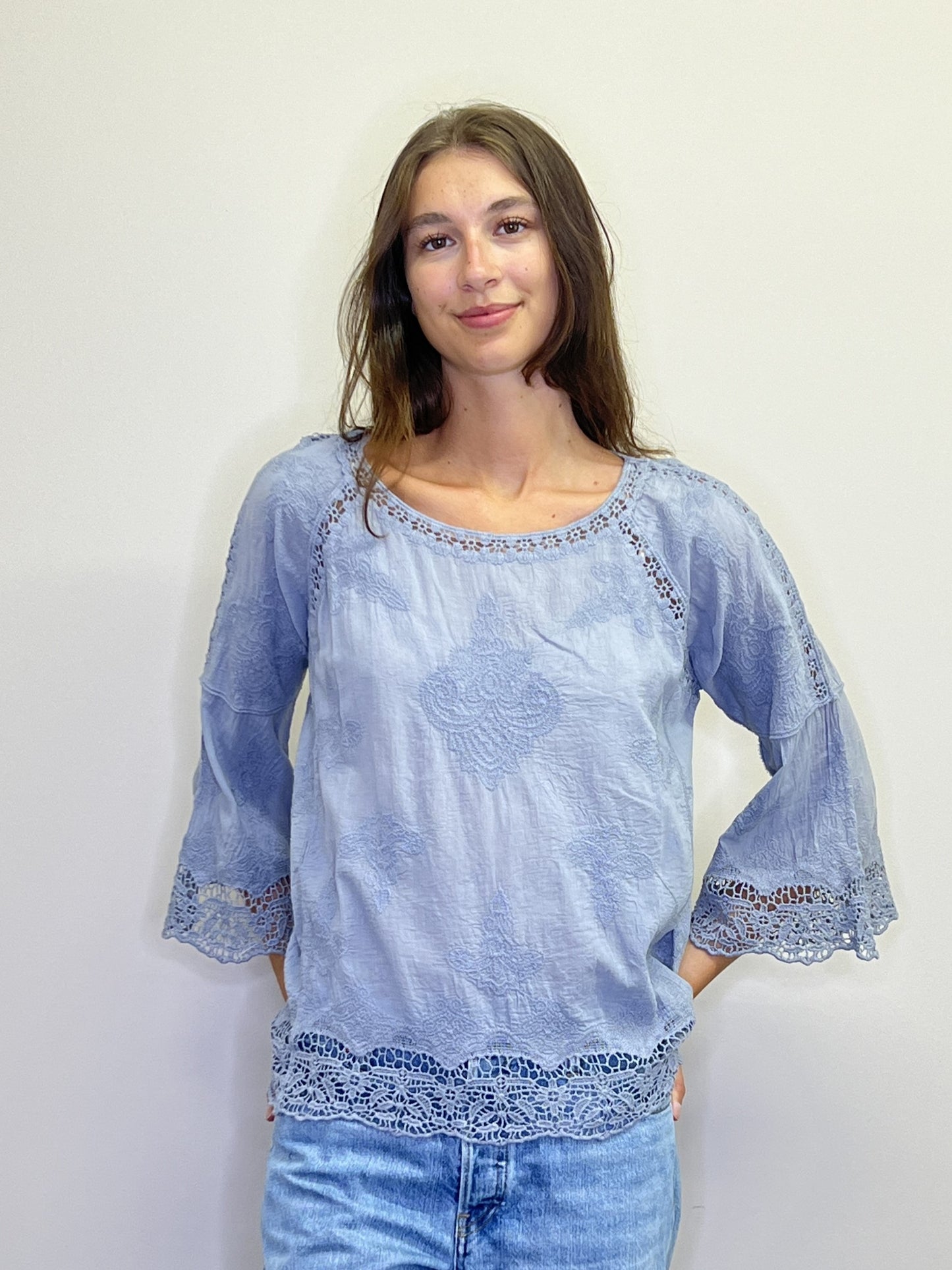 PT18036 PERIW Embroidered bell sleeve blouse with cold shoulder