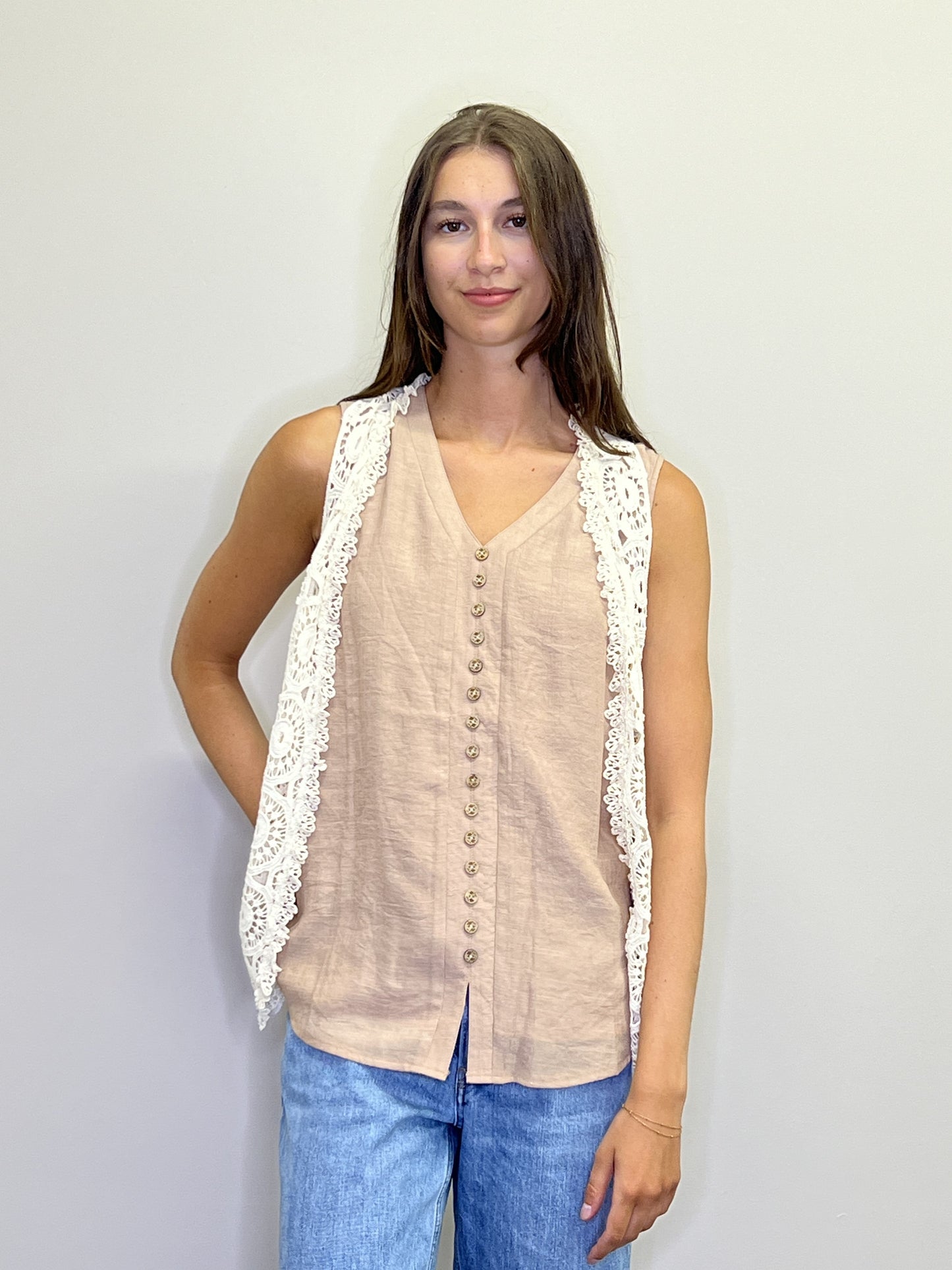 PT18051 WHITE Crochet Open Vest with Pockets