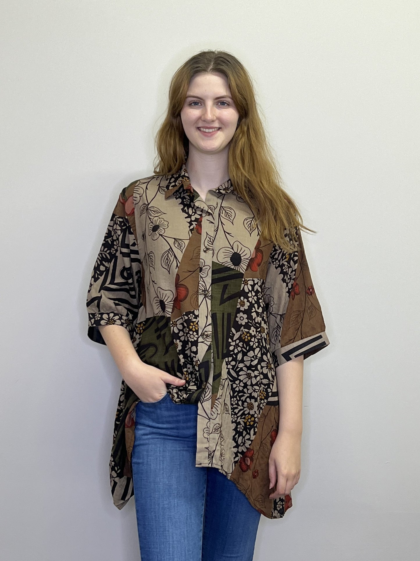 PT18062 BROWN Floral Patchwork Button front Shirt