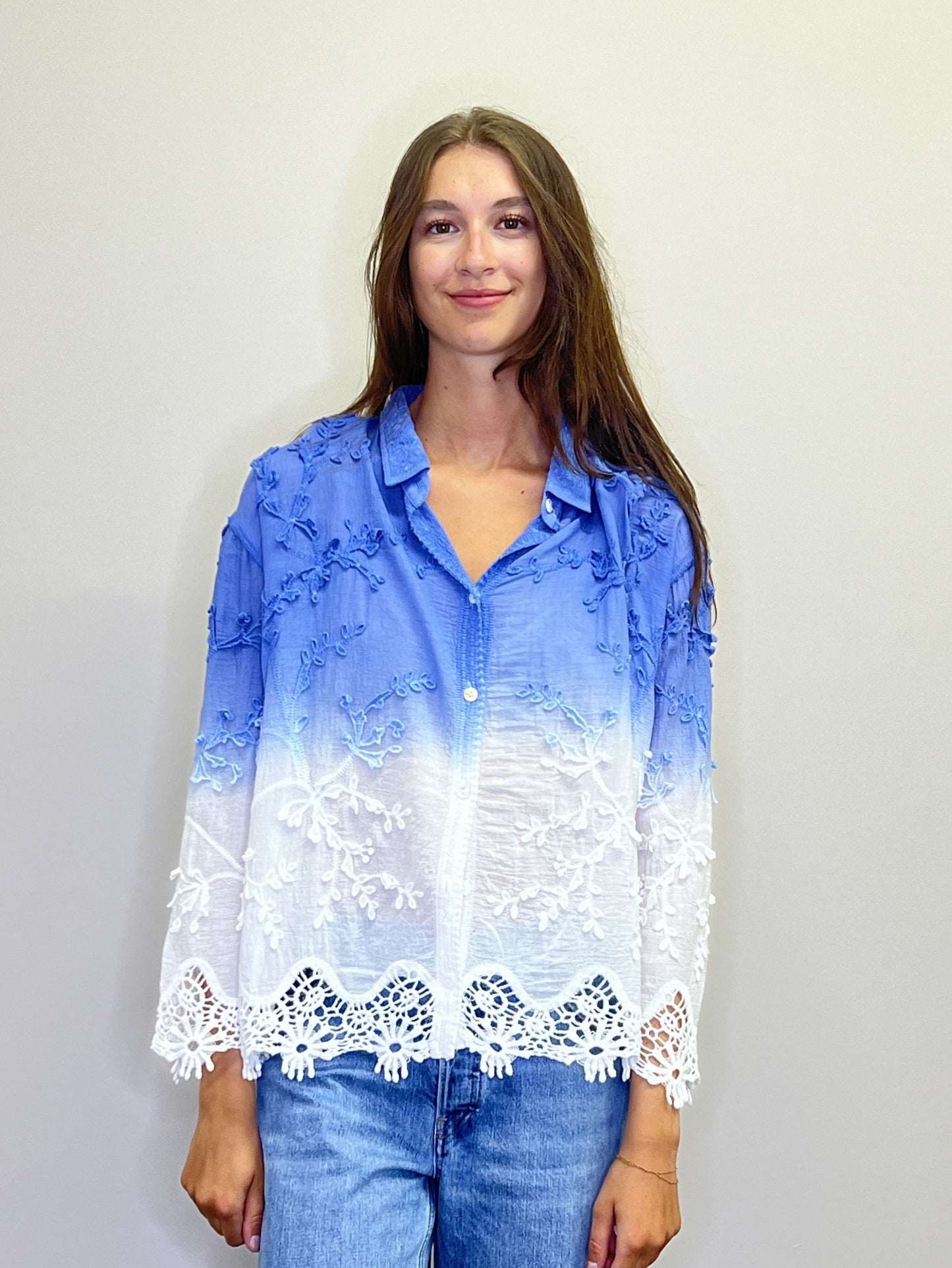 PT18066 BLUE Ombre Embroidered Collared Button Front Shirt