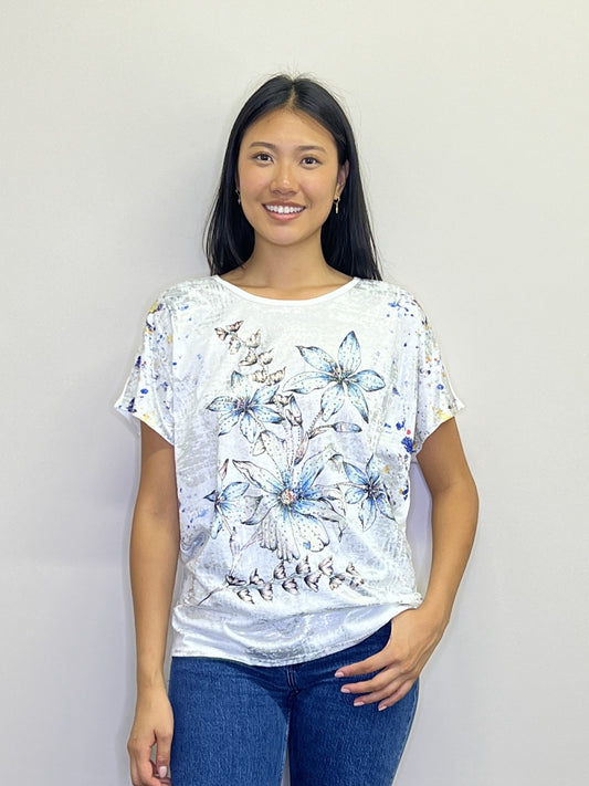 PT18067 WHITE Studded Lily Printed Oversized T Shirt