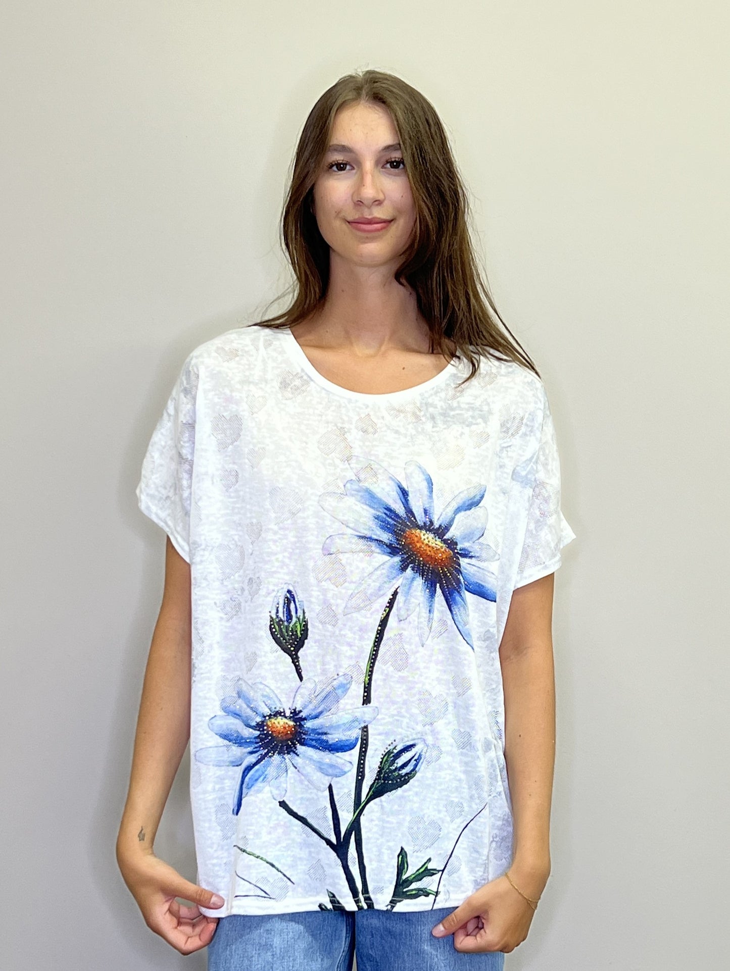 PT18068 WHITE Studded Daisy Printed Oversized T Shirt