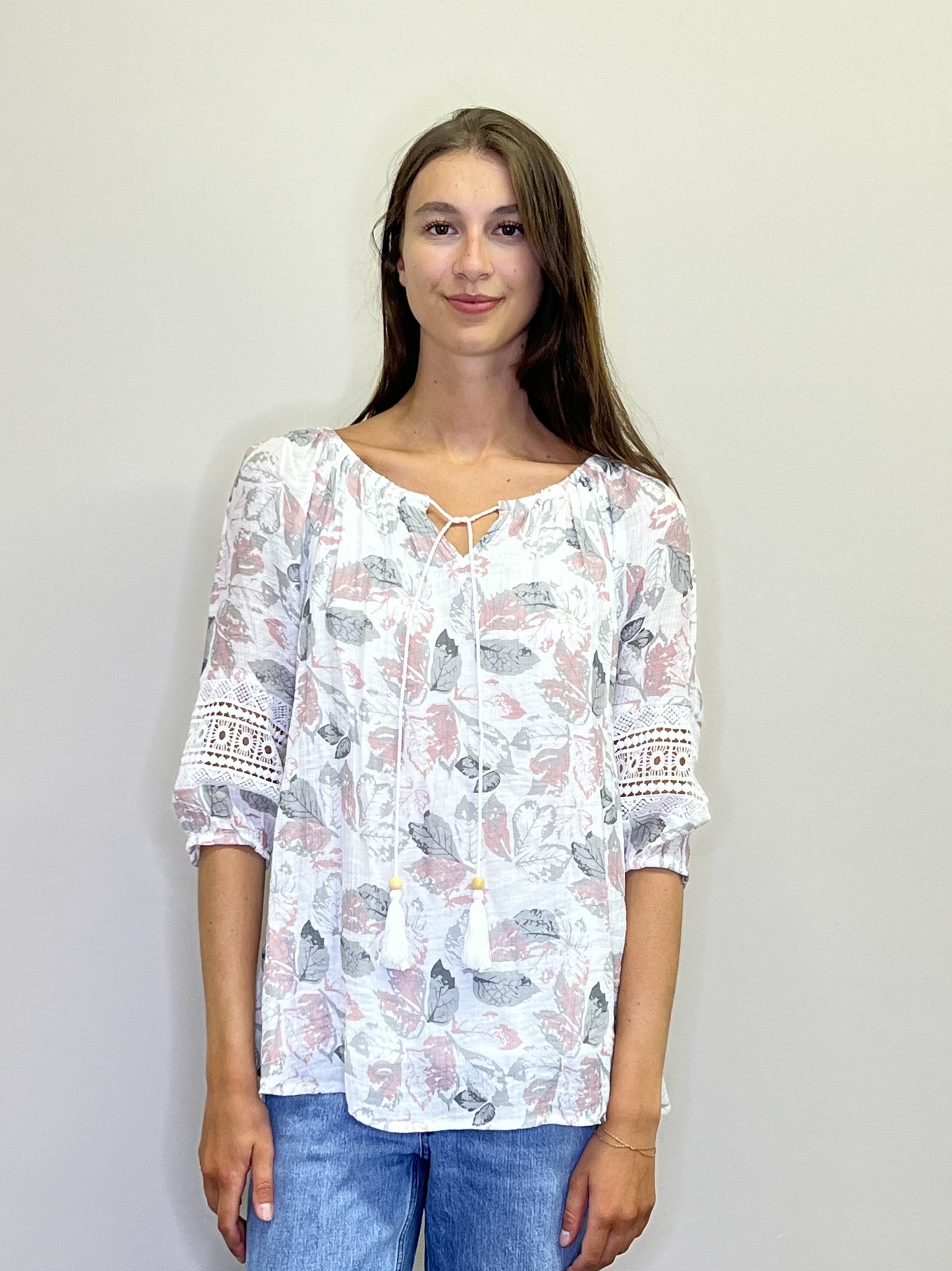 PT18072 PINK Leaf Printed OTS Blouse with Lace Inset Detail