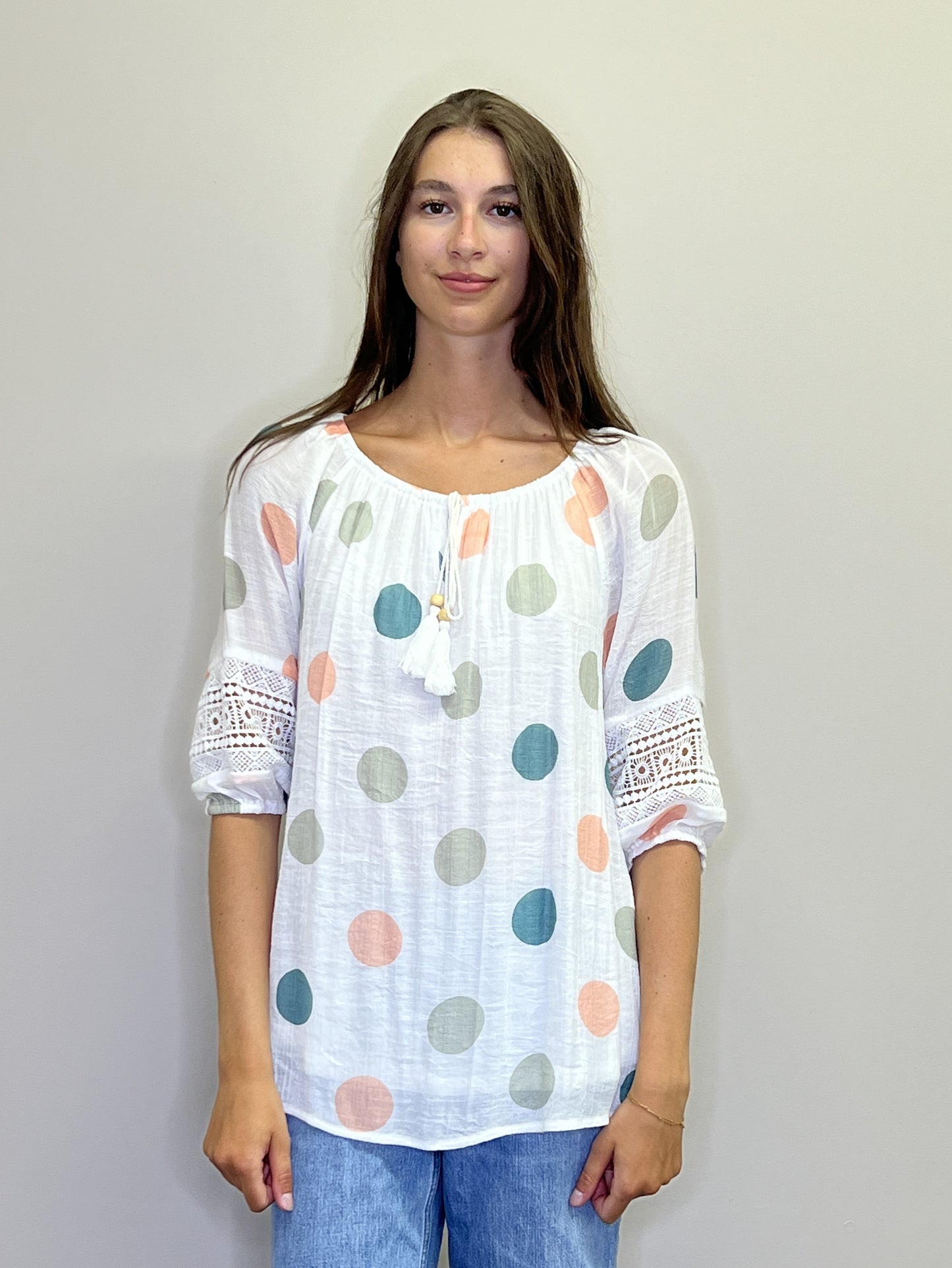 PT18073 SAGE Polka Dot OTS Blouse with Lace Inset Detail