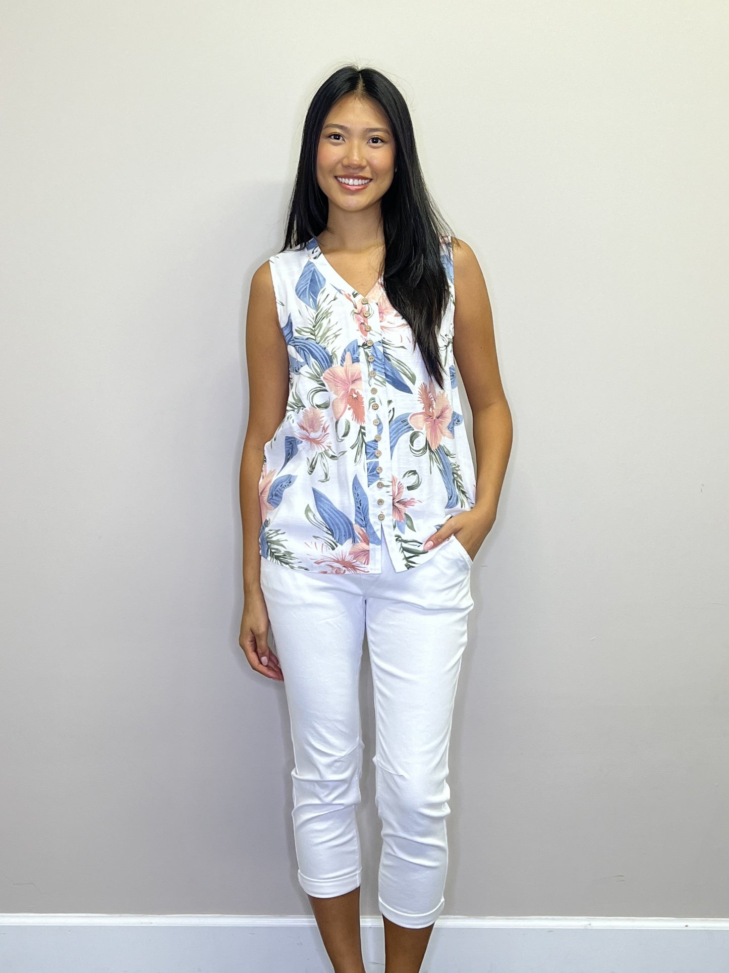 PT18075 WHITE Tropical Printed Crinkle Sleeveless Blouse