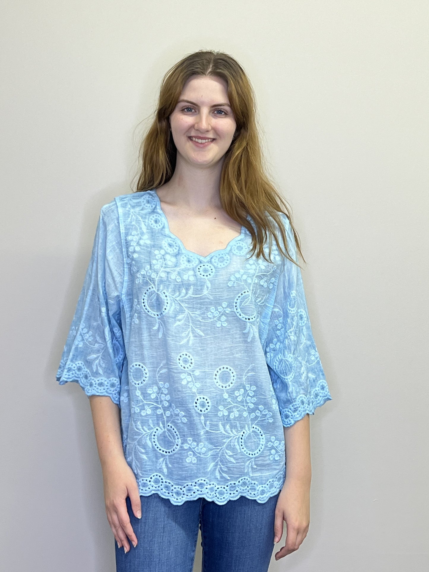 PT18076 BLUE Embroidered Blouse with Lace Trim