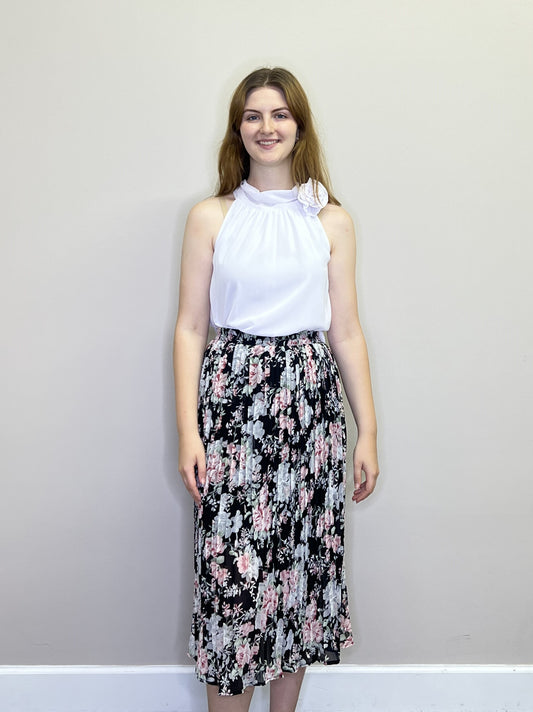 PT18078 WHITE Sleeveless Halter Neck Blouse with Rose Broach