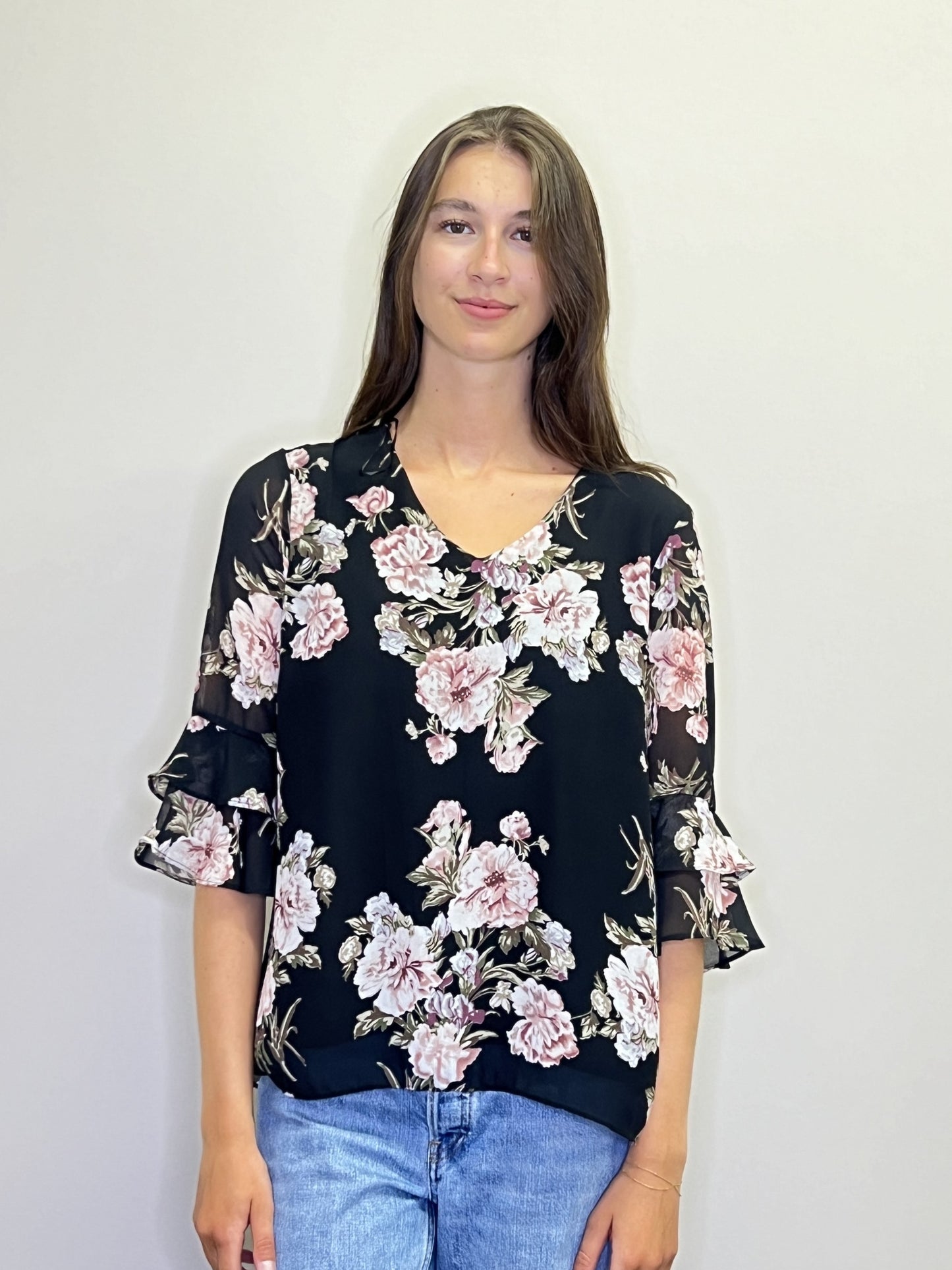 PT18080 BLACK Floral Bell Sleeve Blouse