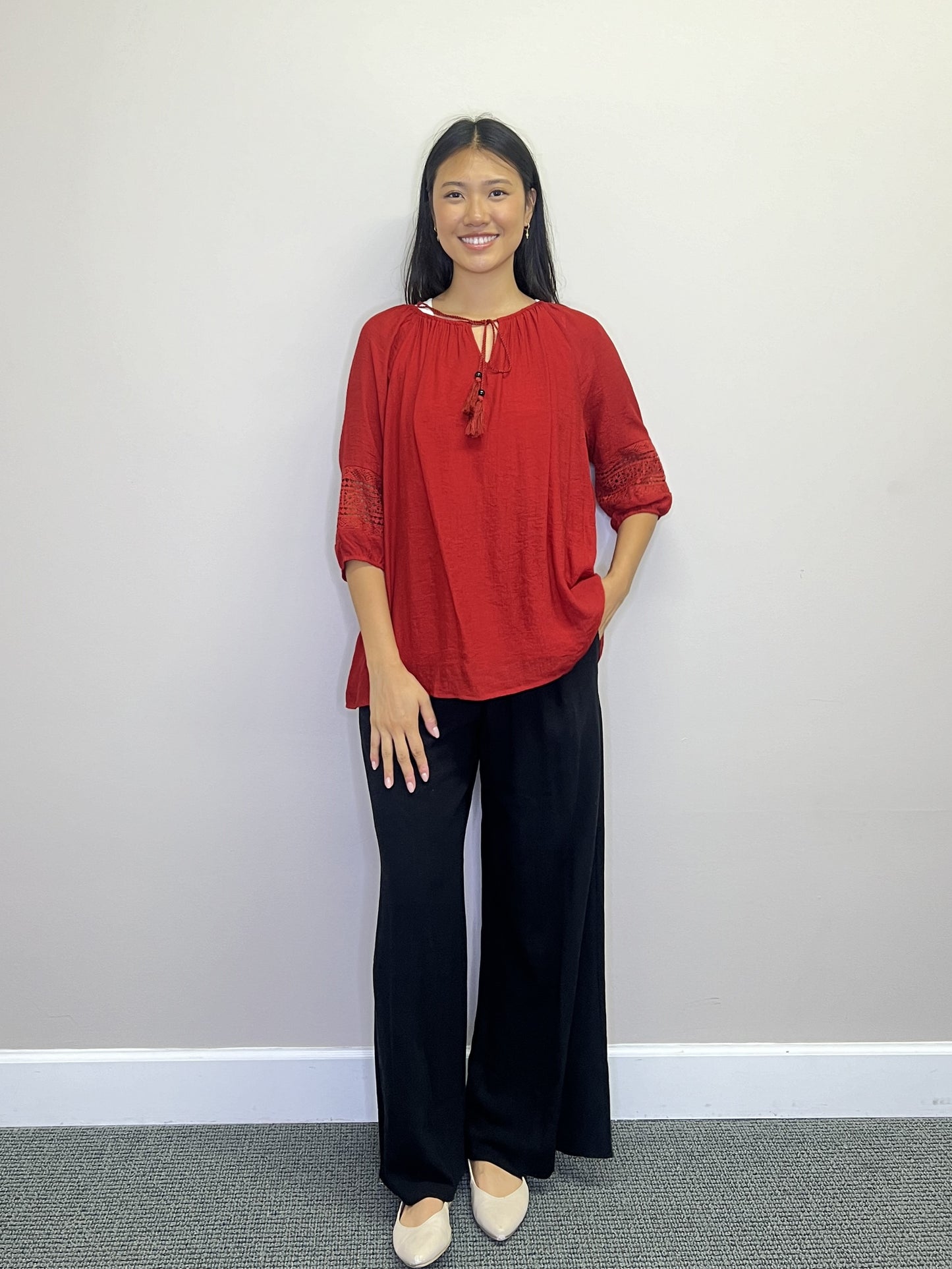 PT18084 RED OTS Blouse with Lace Inset Detail