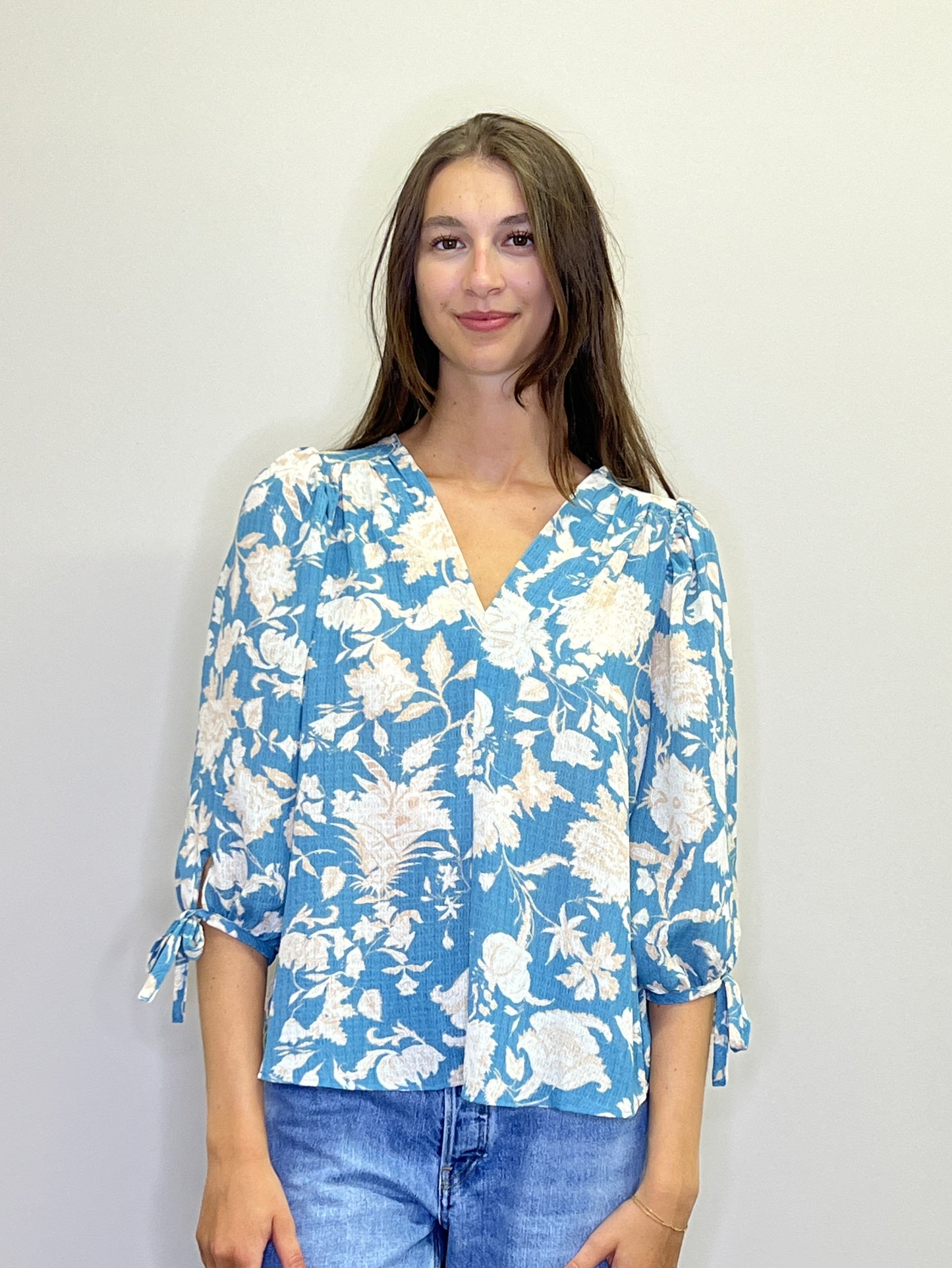 PT18099 BLUE Textured V Neck Blouse with 3/4 Tie Sleeves