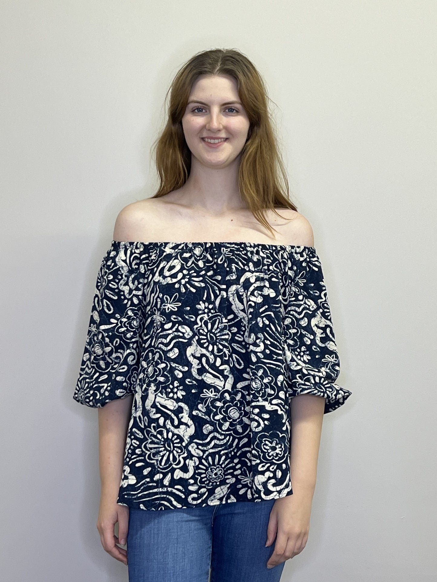 PT18101 NAVY Floral OTS Blouse with Elastic cuffs