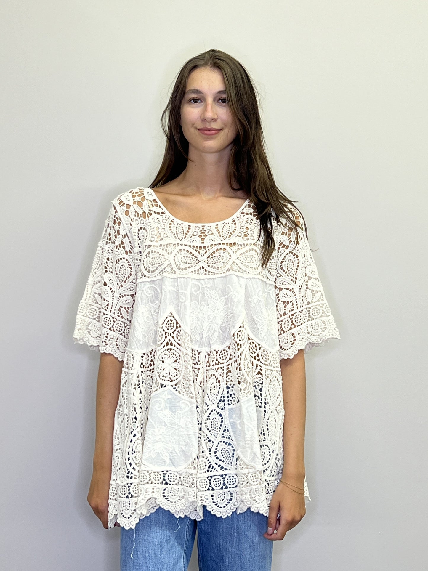 PT18104 CREAM S/S Crochet Aline Tunic with Embr Rose Details