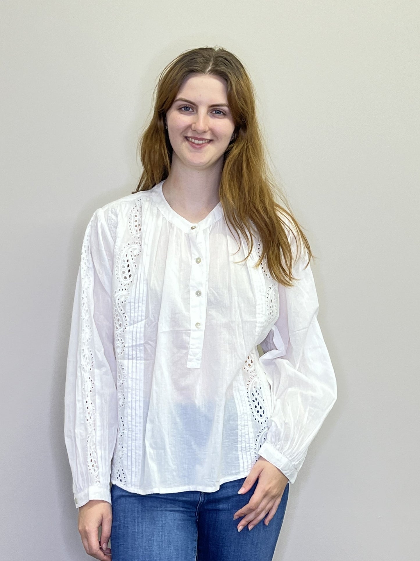 PT18105 WHITE Flowy cotton Eyelet Blouse with Lace Detail