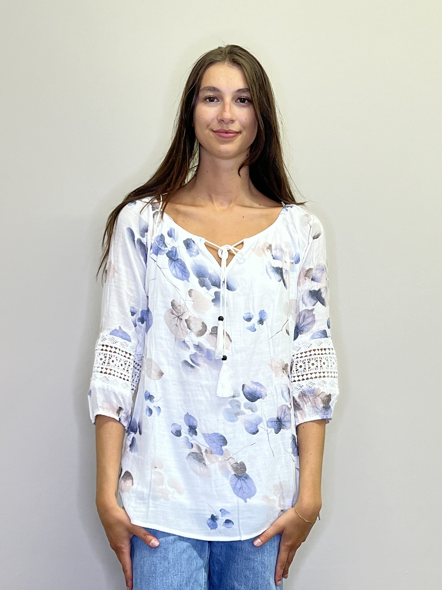 PT18110 BLUE Floral OTS Blouse with Lace Inset Detail