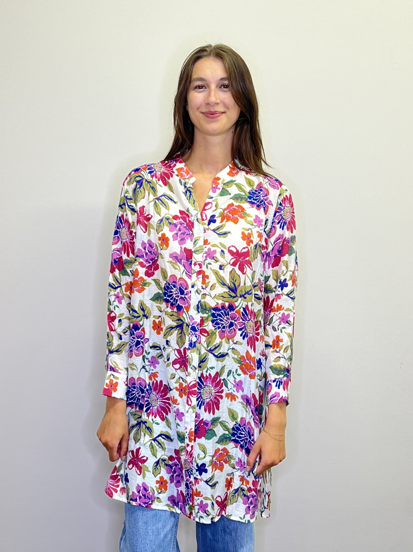 PT18111 PINK Floral Button Front tunic with Tab Sleeves