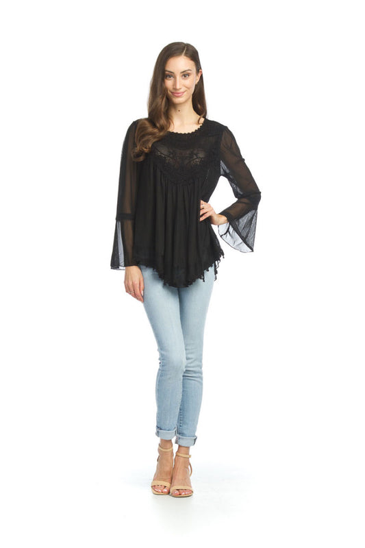 PT07013 BLACK Stretch Blouse w Lace Yoke & Back Button Detail