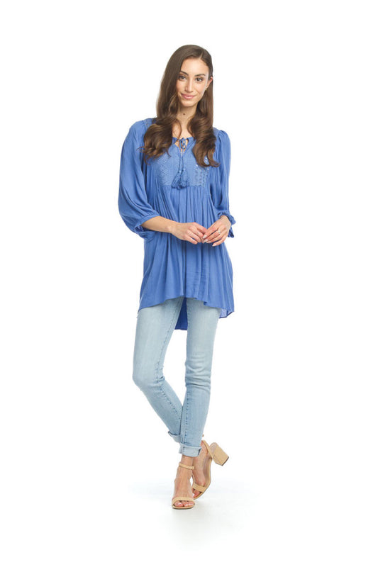 PT07028 BLUE Bohemian Tunic with Eyelet Detail