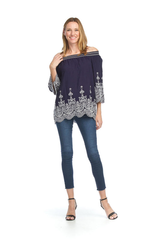 PT07039 NAVY Embroidered OTS blouse