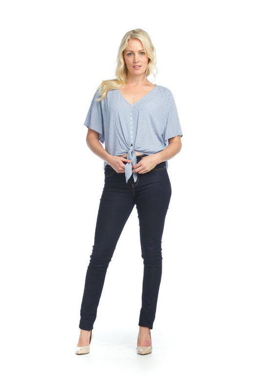 PT07045 DENIM Crinkle Swiss Dot Tufted Tie Top