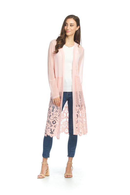 PT07046 PINK Mesh Lace Cardigan with Lace Detail