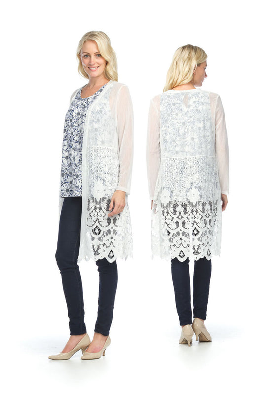 PT07046 WHITE Mesh Lace Cardigan with Lace Detail