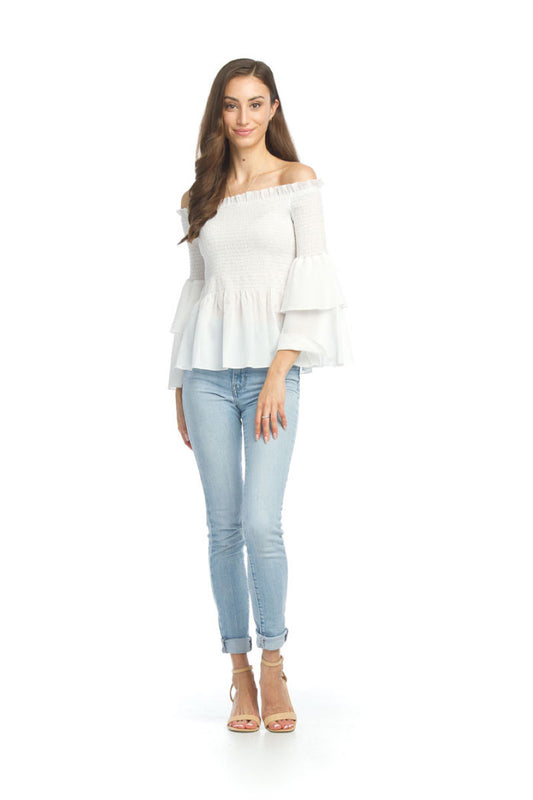 PT07063 WHITE Smocked OTS Blouse with Layered Bell Sleeves